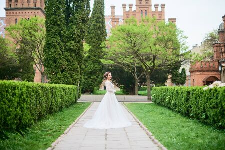 Bride on alley in french parkの写真素材