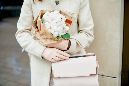 girls with flowers peonies coffee street style fashion lifestyle stylish beautiful lady woman casual fancyの写真素材