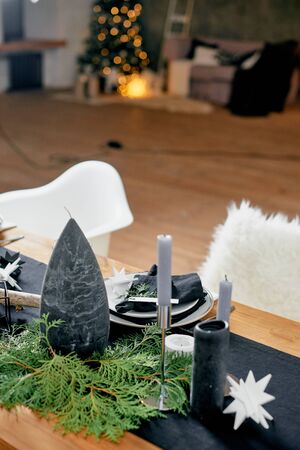 Table setting close up in christmas  trendy decoration backgroundの写真素材