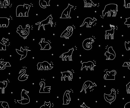 Seamless pattern with Animals icons. Animal icons set. Isolated on Black backgroundのイラスト素材