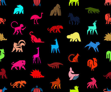 Seamless pattern with Animals logos. Animal logo set. Isolated on Black backgroundのイラスト素材