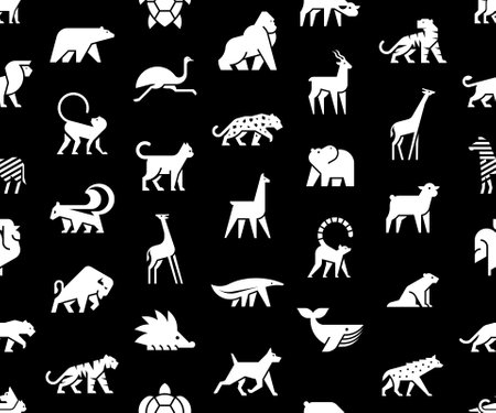 Seamless pattern with Animals logos. Animal logo set. Isolated on Black backgroundのイラスト素材