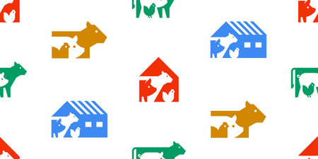 Seamless pattern with Farm animals logo cow, pig and chicken. isolated on white backgroundのイラスト素材