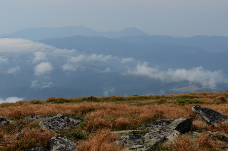 Ukraine. The peaks of the Carpathian Mountains. Mountain ranges covered with forests under blue cloudsの写真素材
