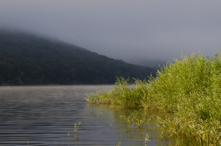 Foggy morning over the bay against the background of a mountain on which trees growの写真素材