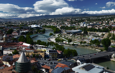 TBILISI, GEORGIA - Aerial view of Old Tbilisi from Narikala Fortes. Sunny day in Tbilisi, Georgia