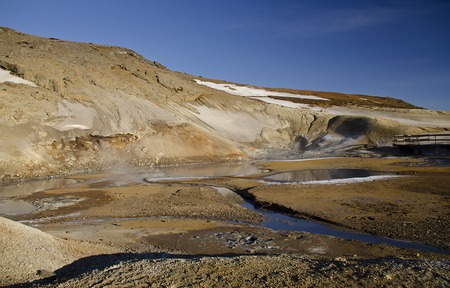 Iceland is a land of ice and fire. In the geothermal area Kerlingarfjoll one can see smoke and boiling fumaroles from the geothermal field as well as mountains covered by ice and snow.の写真素材