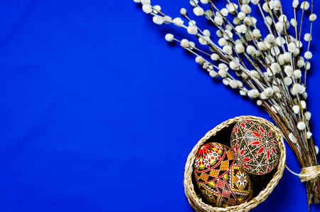 Easter Pussy-willow and Easter egg on blue background. Happy Easter card. with Happy Easter. rustic lacquered Blank picture poster frame template isolated on white backgroundの写真素材