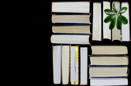 Many multicolored thick open books stand on a dark background. On the books are old round glasses and an open notebook with a pencil. ready to readの写真素材