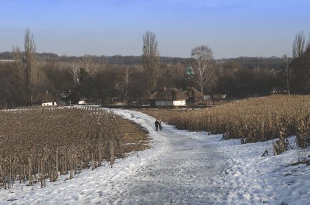 Snow-covered road between fields leads to the old village with its old huts with thatched roofsの写真素材