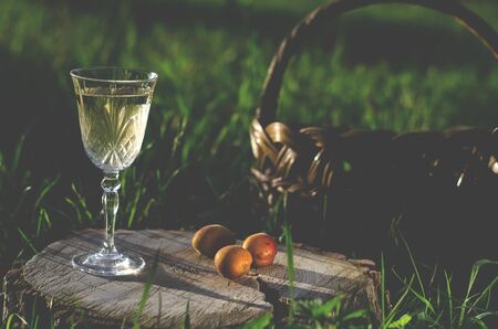 A glass of white wine stands on a wooden stump against the backdrop of green grass in the summer gardenの写真素材