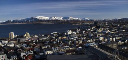 Winter panorama of Reykjavik with colorful houses, Iceland. View from aboveの写真素材