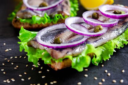 Herring fillet with salt, pepper, herbs, onion and lemon on black plate on white background. top view. healthy foodの写真素材