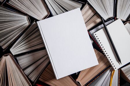 Mockup layout and a black pencil lie on multicolored open books in the libraryの写真素材