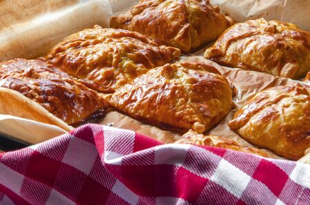 Homemade pastries lie in a baking dish next to a multi-colored napkinの写真素材