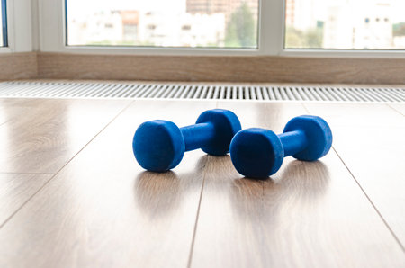 Blue fitness dumbbells lie on the floor against the window. Sportsの写真素材
