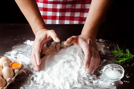 Chefs hands prepare dough for pizza. Fresh natural healthy foodの写真素材