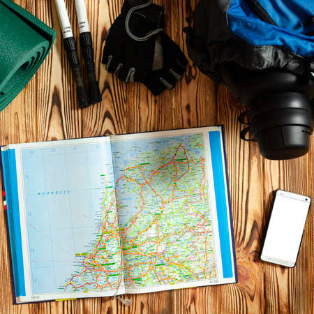 Tourist concept. Set for hiking in the mountains. Top viewの写真素材