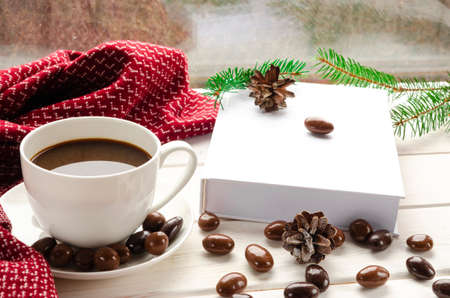 Winter background - cup with candy cane, woolen scarf on windowsill and winter scene outdoorsの写真素材