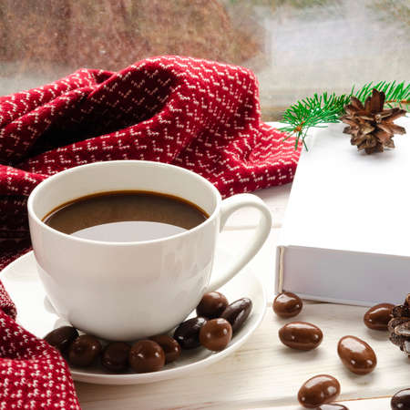 Winter background - cup with candy cane, woolen scarf on windowsill and winter scene outdoorsの写真素材