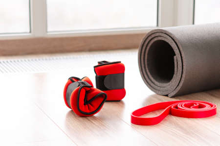 Exercise. Wrist and foot scales on the wooden floor next to the harness.の写真素材