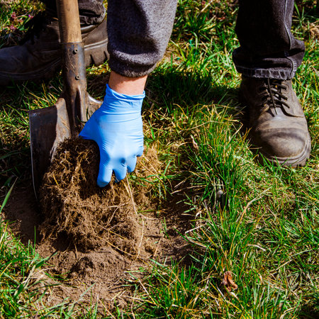 Digging spring soil with shovel. Close-up, shallow DOF.の写真素材