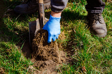 Digging spring soil with shovel. Close-up, shallow DOF.の写真素材