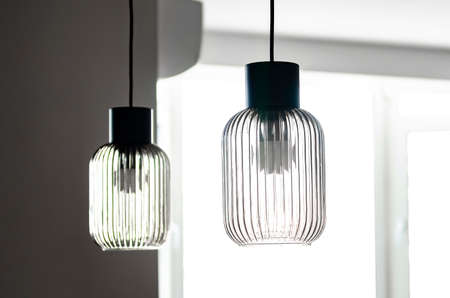 Glass ceiling lamps in white interior. House. Designの写真素材