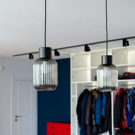 Glass ceiling lamps in white interior. House. Designの写真素材