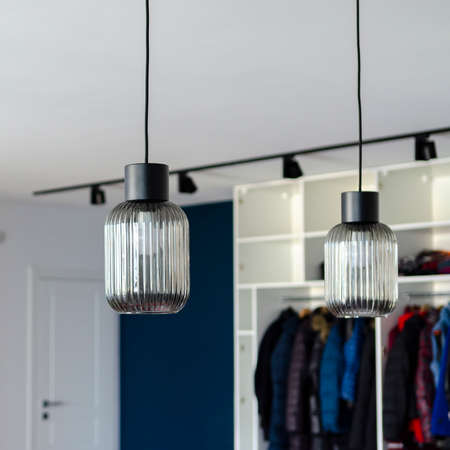 Glass ceiling lamps in white interior. House. Designの写真素材
