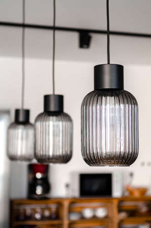 Interior design. Textured glass ceiling lamps in the Scandinavian interior. Houseの写真素材