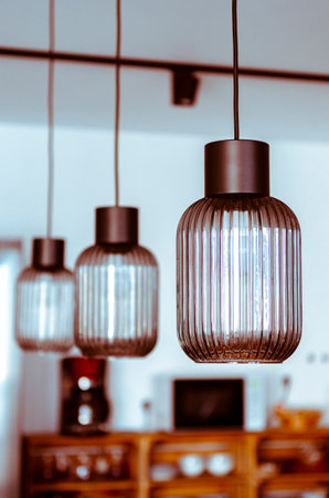 Interior design. Textured glass ceiling lamps in the Scandinavian interior. Houseの写真素材
