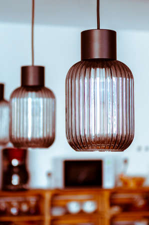 Interior design. Textured glass ceiling lamps in the Scandinavian interior. Houseの写真素材
