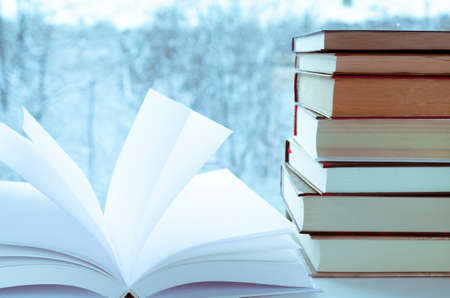 A place to read. Books on the windowsill against the backdrop of a winter forestの写真素材