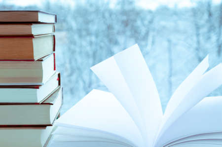 A place to read. Books on the windowsill against the backdrop of a winter forestの写真素材