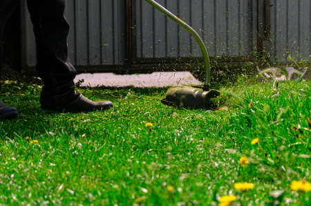 Mowing the grass with a lawn mower. Garden work concept background.の写真素材