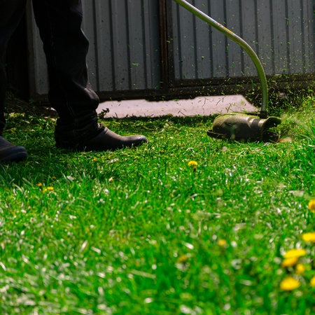 Mowing the grass with a lawn mower. Garden work concept background.の写真素材