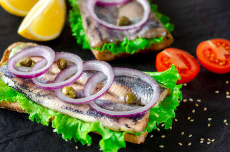 Sandwich with butter, herring, red onion, and thyme. A Norwegian young herring smorrebrod with lettuceの写真素材