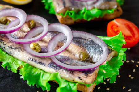 Sandwich with butter, herring, red onion, and thyme. A Norwegian young herring smorrebrod with lettuceの写真素材