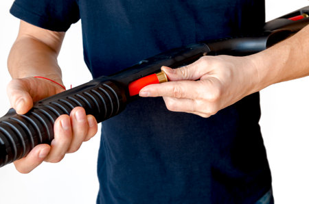 Close up of man loading a red shotgun shell into the magazine of his weapon. Charging a pump smoothbore weaponの写真素材
