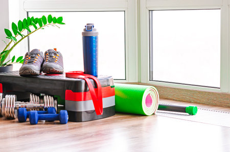 A set of sports equipment for sports at homeの写真素材