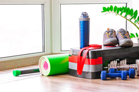 Minimum set of sports equipment for fitness at homeの写真素材