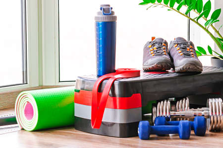 Minimum set of sports equipment for fitness at homeの写真素材