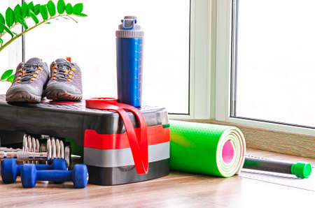 A set of sports equipment for sports at homeの写真素材