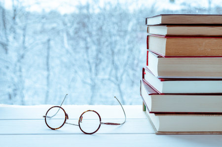 Many colorful books stand on a wooden windowsill against the background of a winter forest. Cozy conceptの写真素材