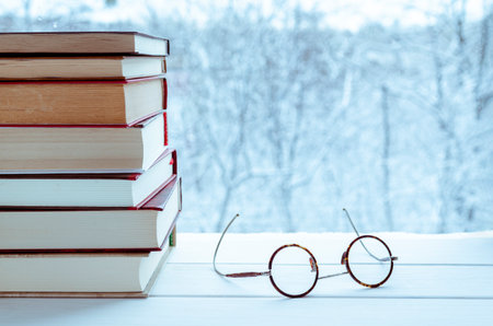 Many colorful books stand on a wooden windowsill against the background of a winter forest. Cozy conceptの写真素材