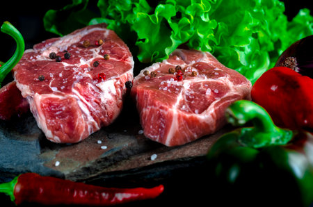 healthy eating. meat set. Raw meat steaks with seasoningsの写真素材