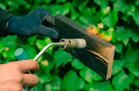 Wood fire treatment with a gas burner. DIY process.の写真素材