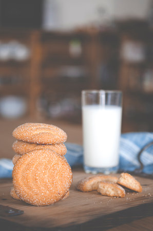 Homemade biscuits. Homemade cakes. Round homemade cookies with milkの写真素材