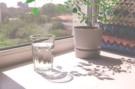 Sharp Shadows. A glass of clean spring water stands on the windowsill. Sharp Shadowsの写真素材